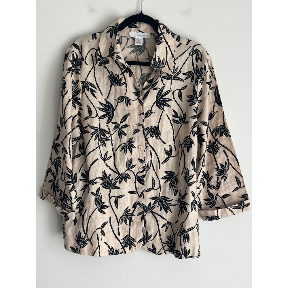 Lucy & Laurel Woman 1X Linen Shirt Bamboo Leaf Print Beige Black 3/4 Sleeve Top